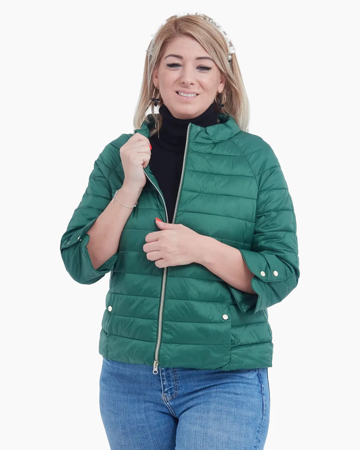 Geci Casual - Geaca verde cu maneca trei sferturi accesorizate cu capse