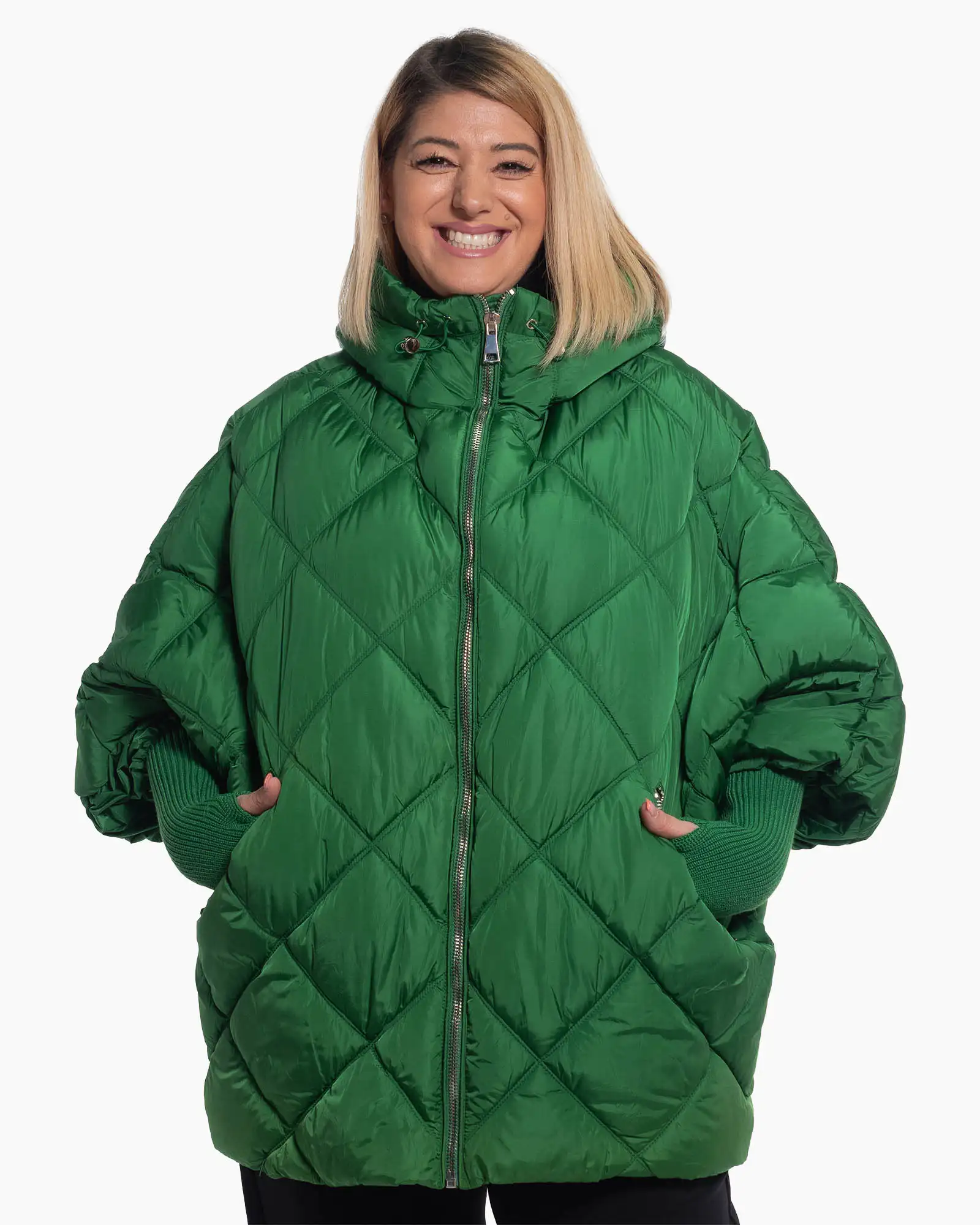 Geci Casual - Geacă verde lungă, matlasată în romburi, cu manșete funcționale și design casual