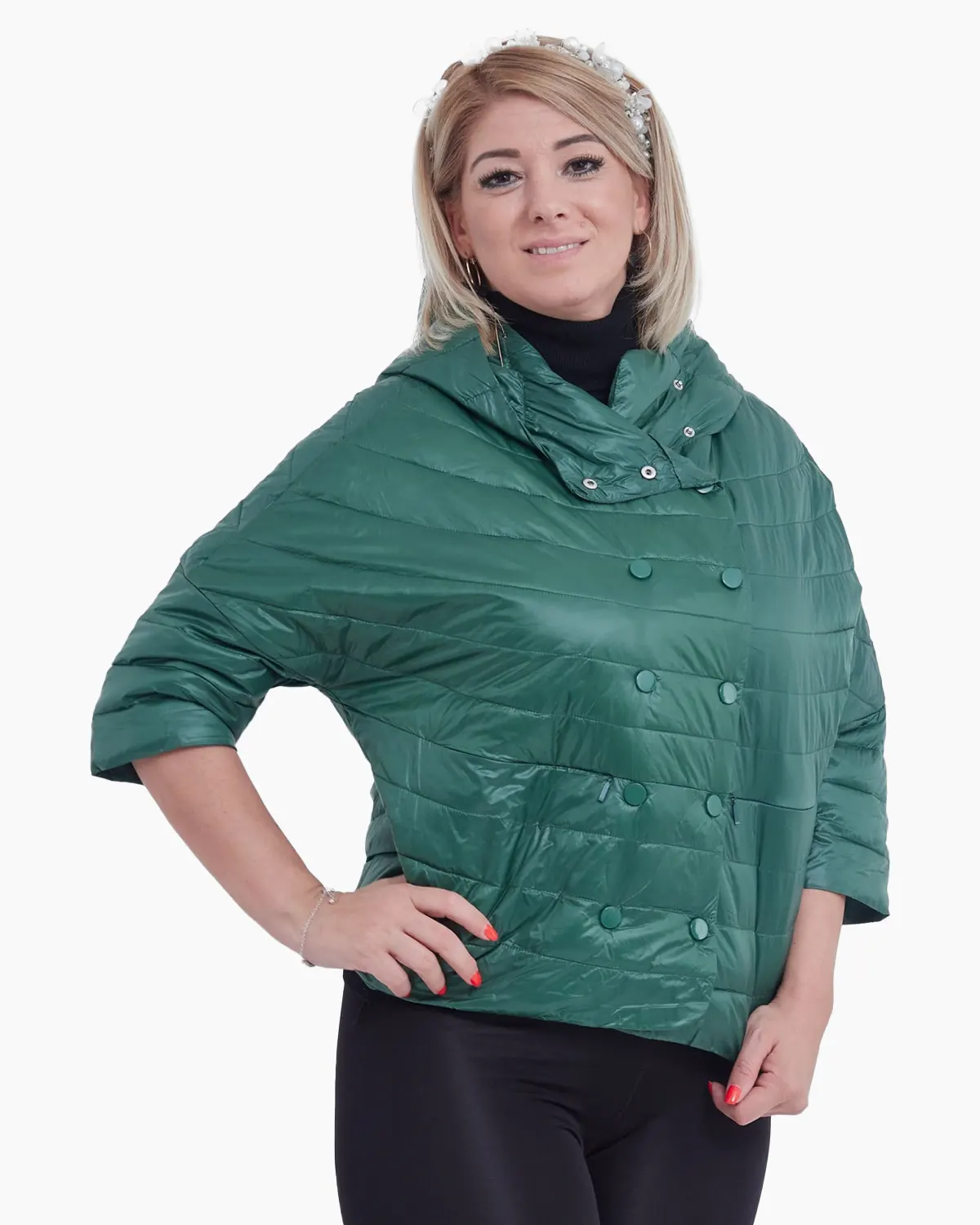Geci Casual - Geaca verde oversize cu gluga si inchidere cu capse