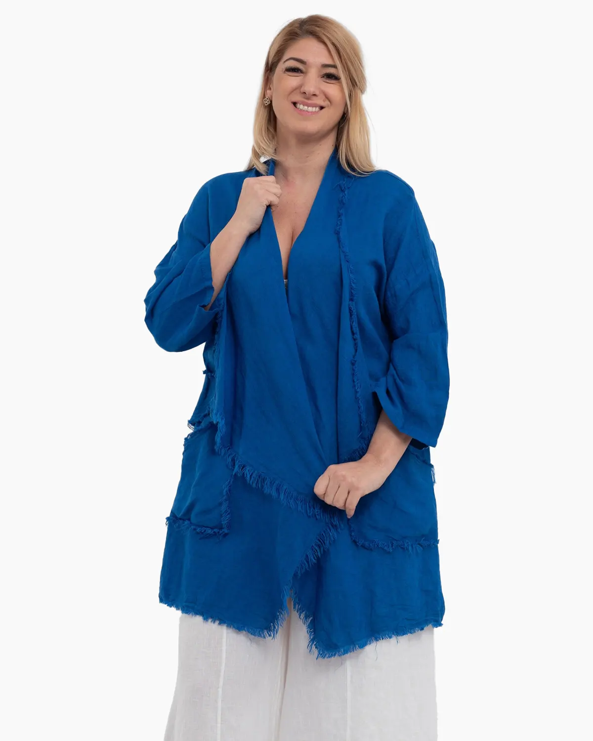 Haine damă - Jacheta albastra oversized din in, asimetrica cu margini franjurate