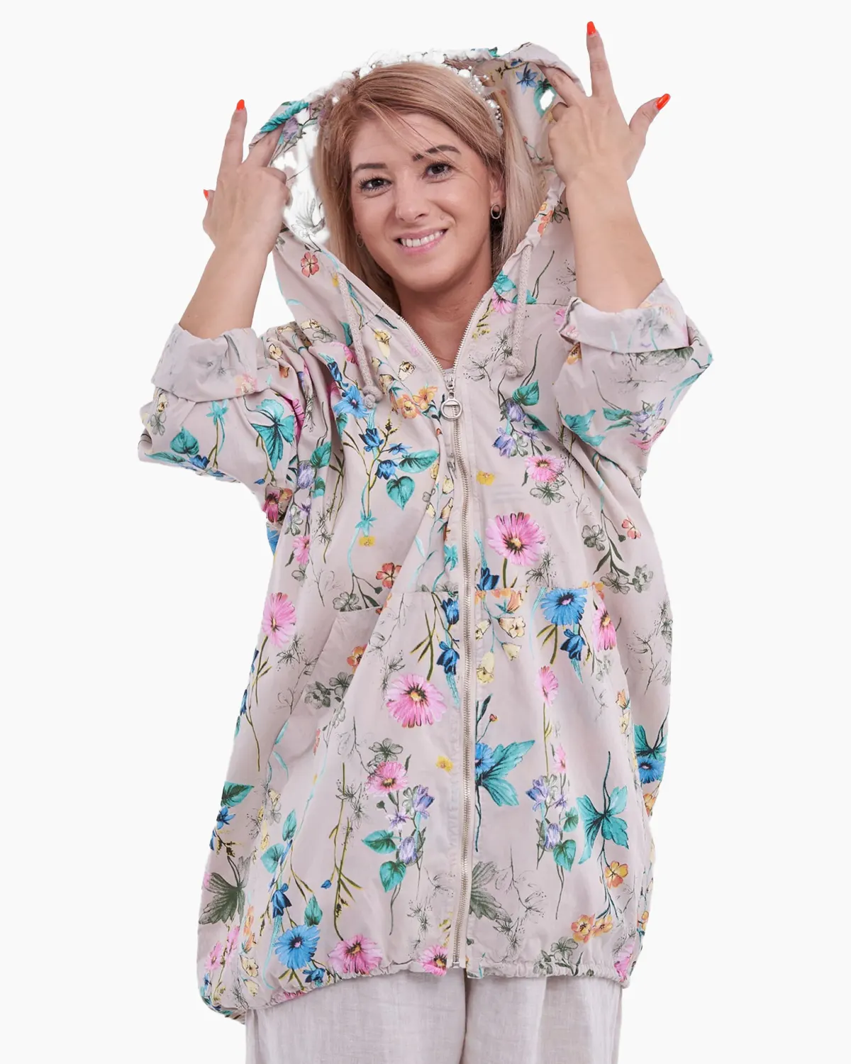 Jacheta bej cu gluga si imprimeu floral [1]