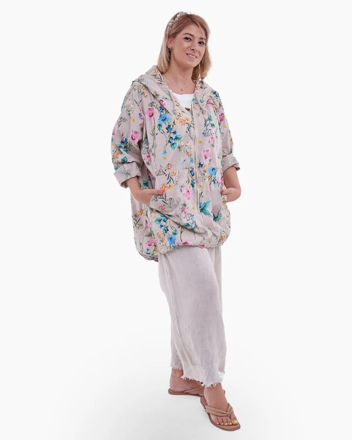 Jachete Casual - Jacheta bej cu gluga si imprimeu floral