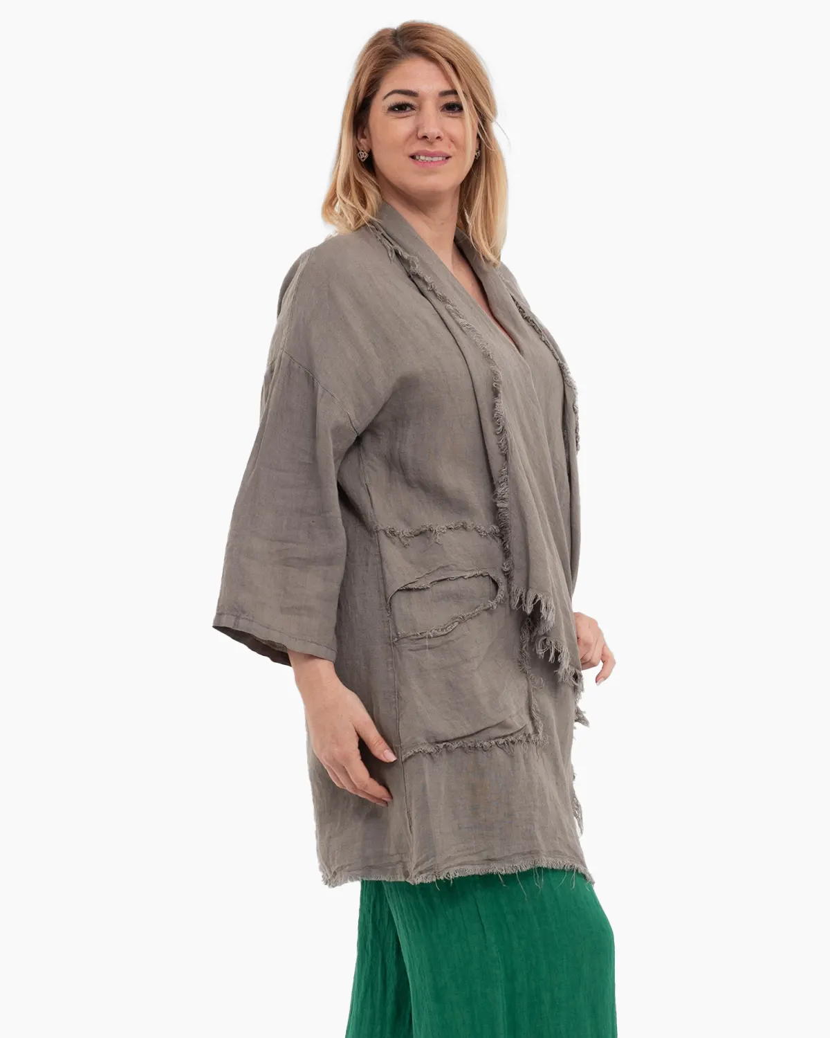 Jacheta bej oversized din in, asimetrica cu margini franjurate [2]