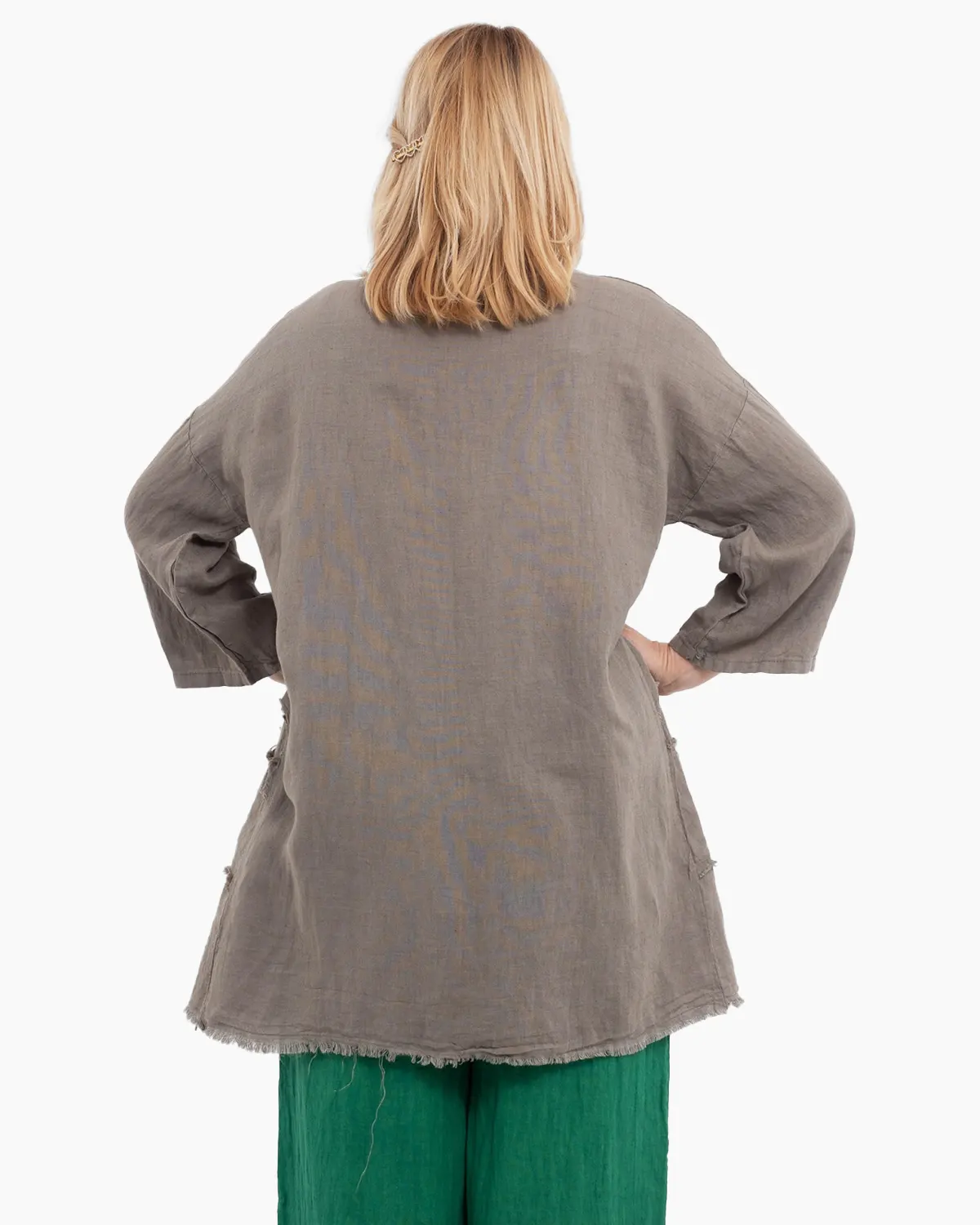 Jacheta bej oversized din in, asimetrica cu margini franjurate [1]
