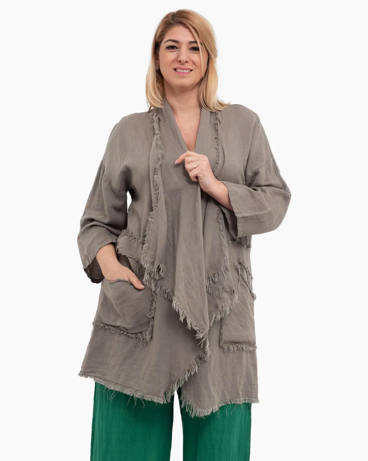 Jachete Casual - Jacheta bej oversized din in, asimetrica cu margini franjurate