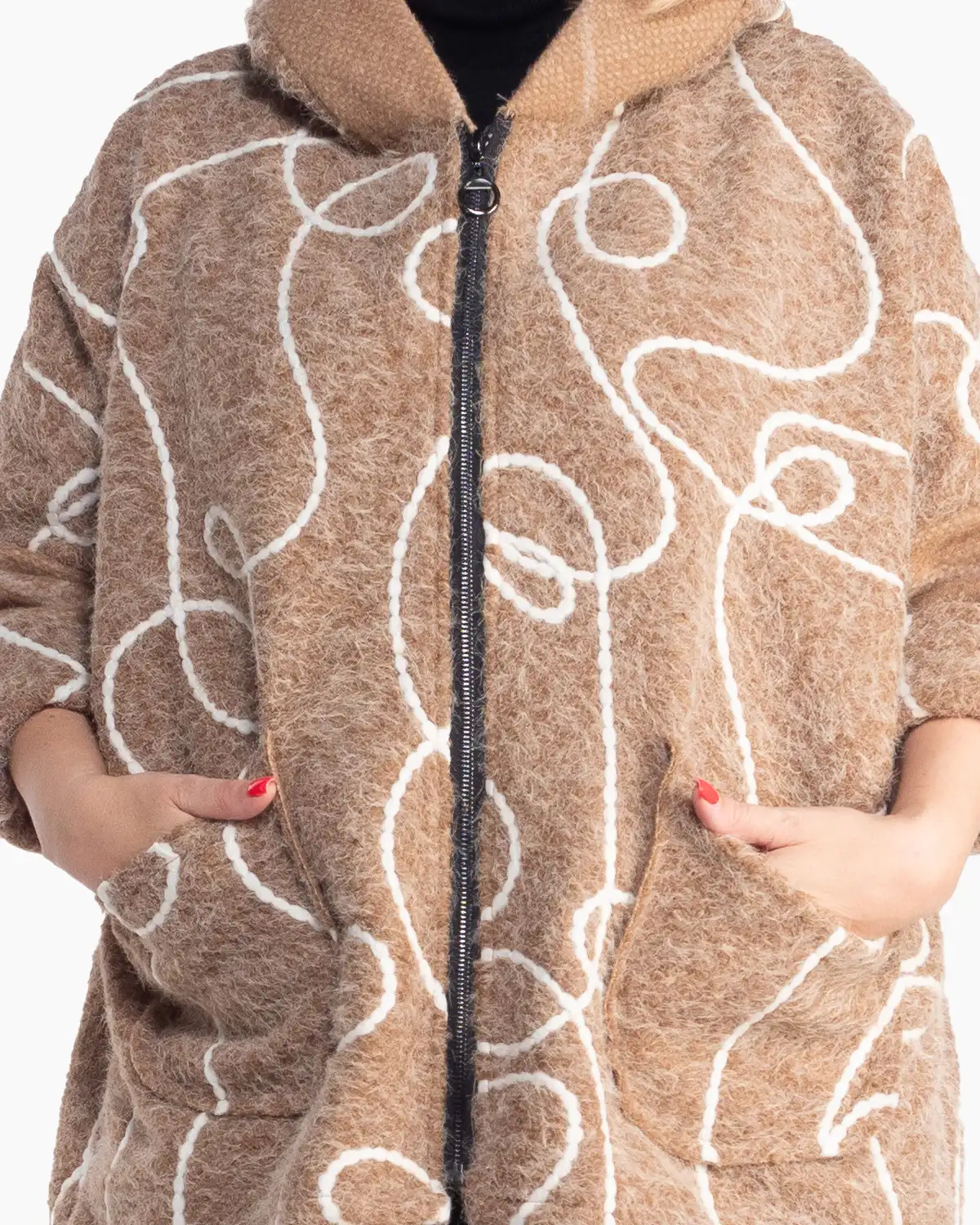 Jachetă cappuccino oversize cu imprimeu artistic și croială lejeră [4]