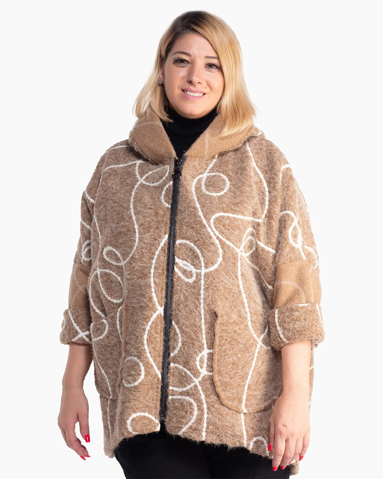 Jachete Casual - Jachetă cappuccino oversize cu imprimeu artistic și croială lejeră