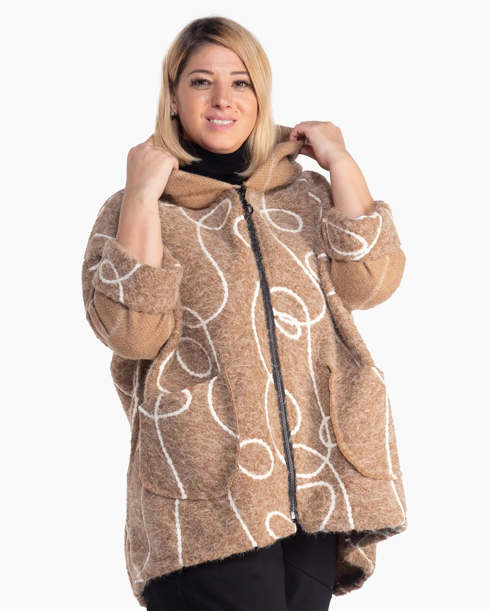 Jachetă cappuccino oversize cu imprimeu artistic și croială lejeră [3]