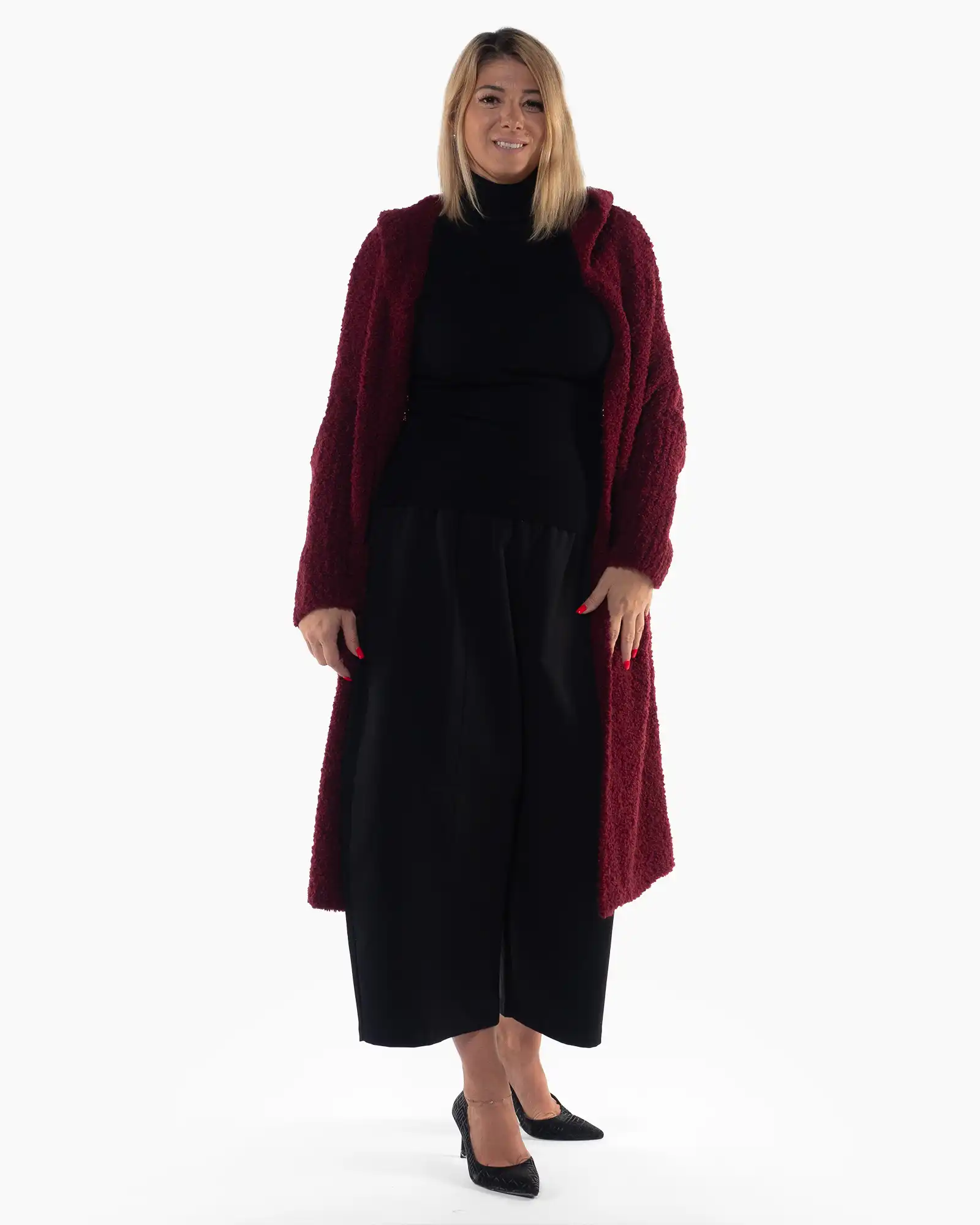 Produse noi - Jachetă cardigan grena lungă din tricot pufos, cu design lejer și glugă