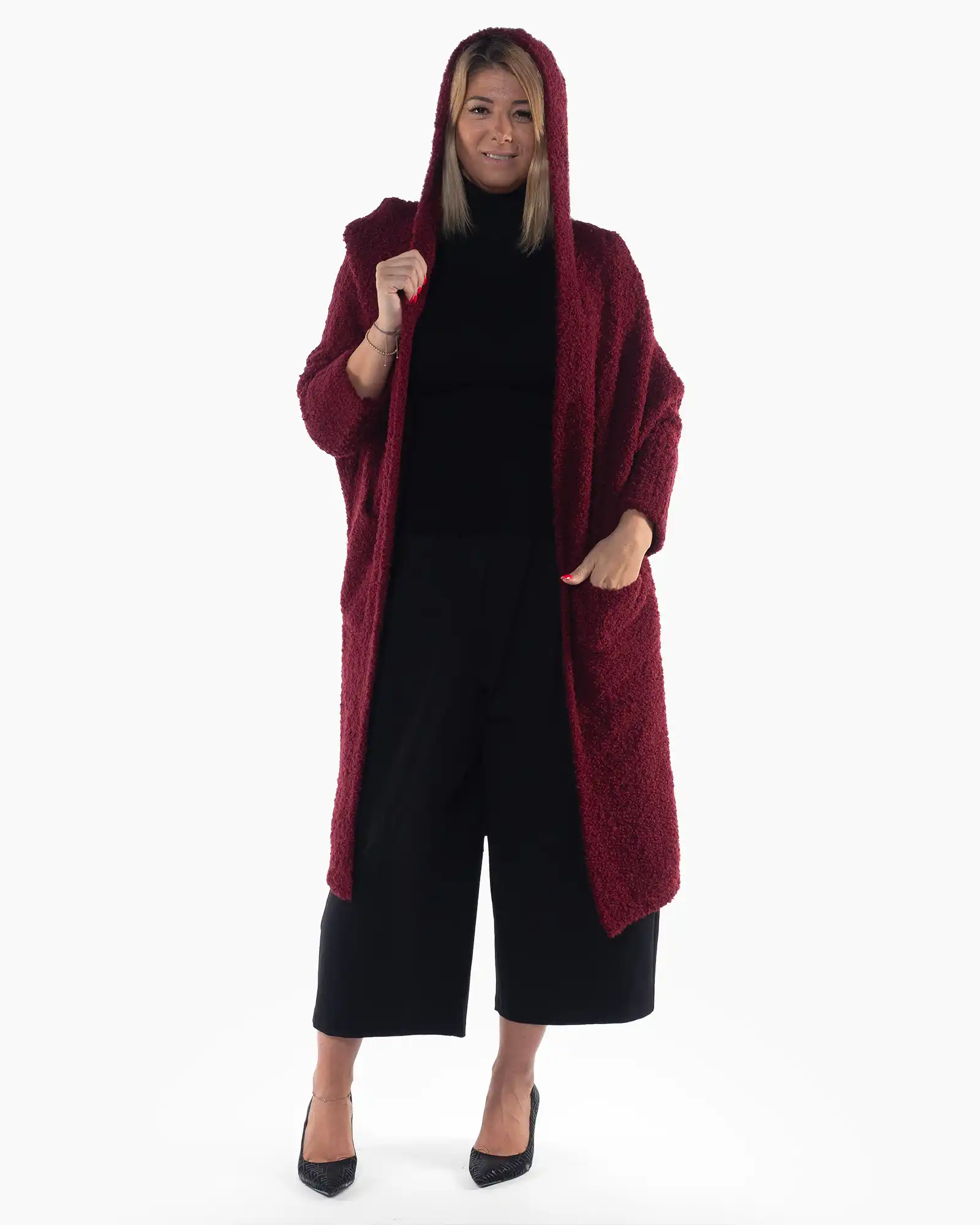 Jachetă cardigan grena lungă din tricot pufos, cu design lejer și glugă [3]