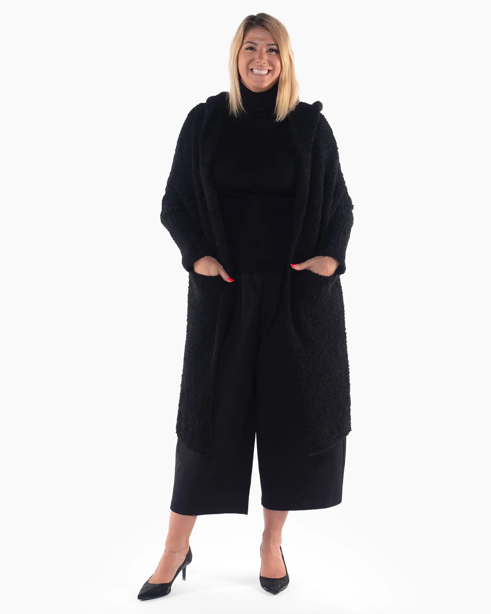 Jachete Casual - Jachetă cardigan neagră lungă din tricot bucle cu glugă