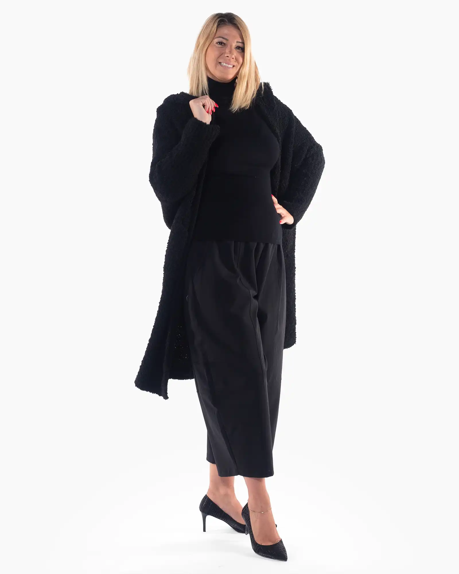 Jachetă cardigan neagră lungă din tricot bucle cu glugă [2]