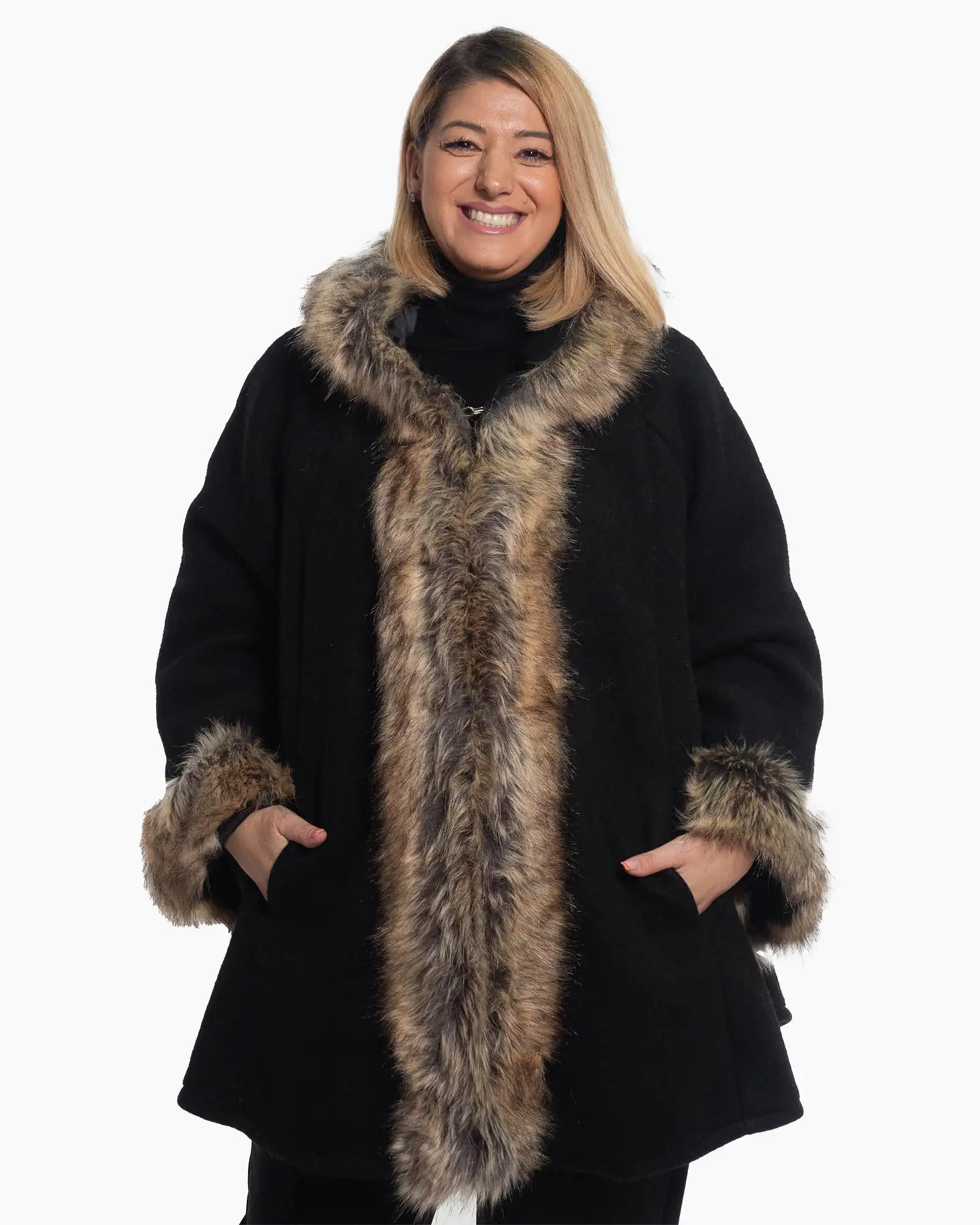 Produse noi - Jachetă casual neagră cu detalii de blană și croială fluidă