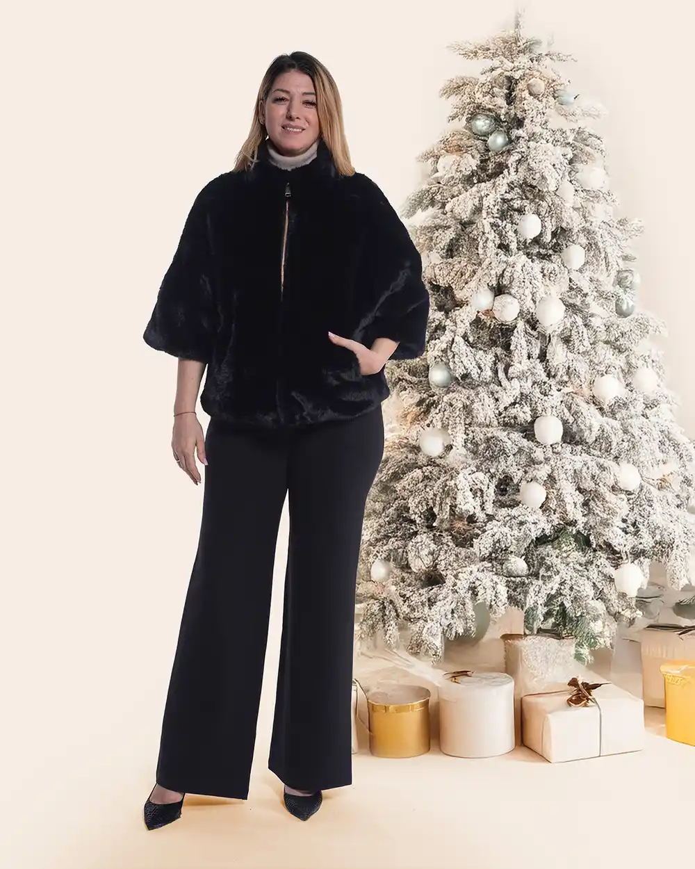Jachetă casual neagră din blăniță moale cu mâneci trei sferturi [2]