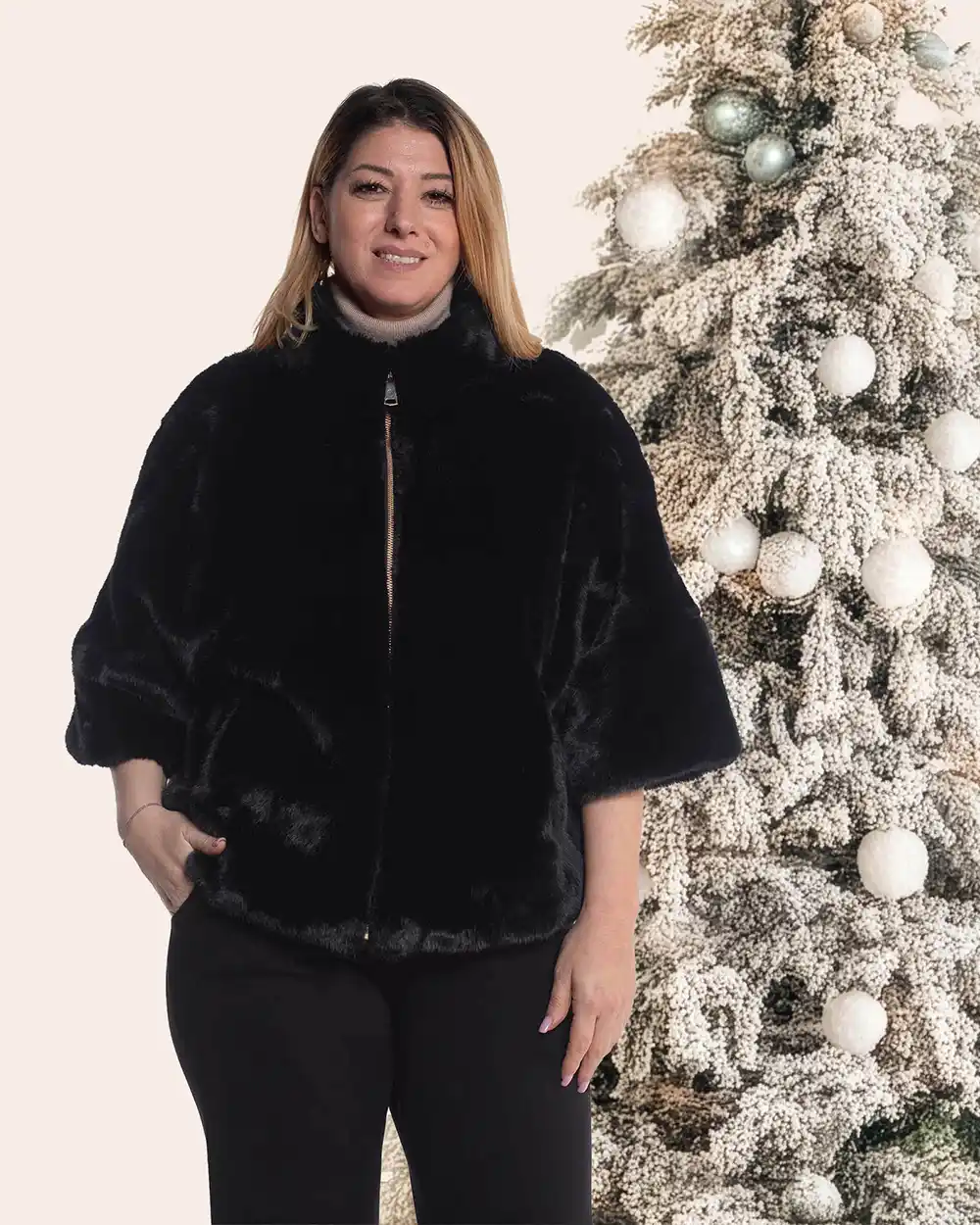 Jachete - Jachetă casual neagră din blăniță moale cu mâneci trei sferturi