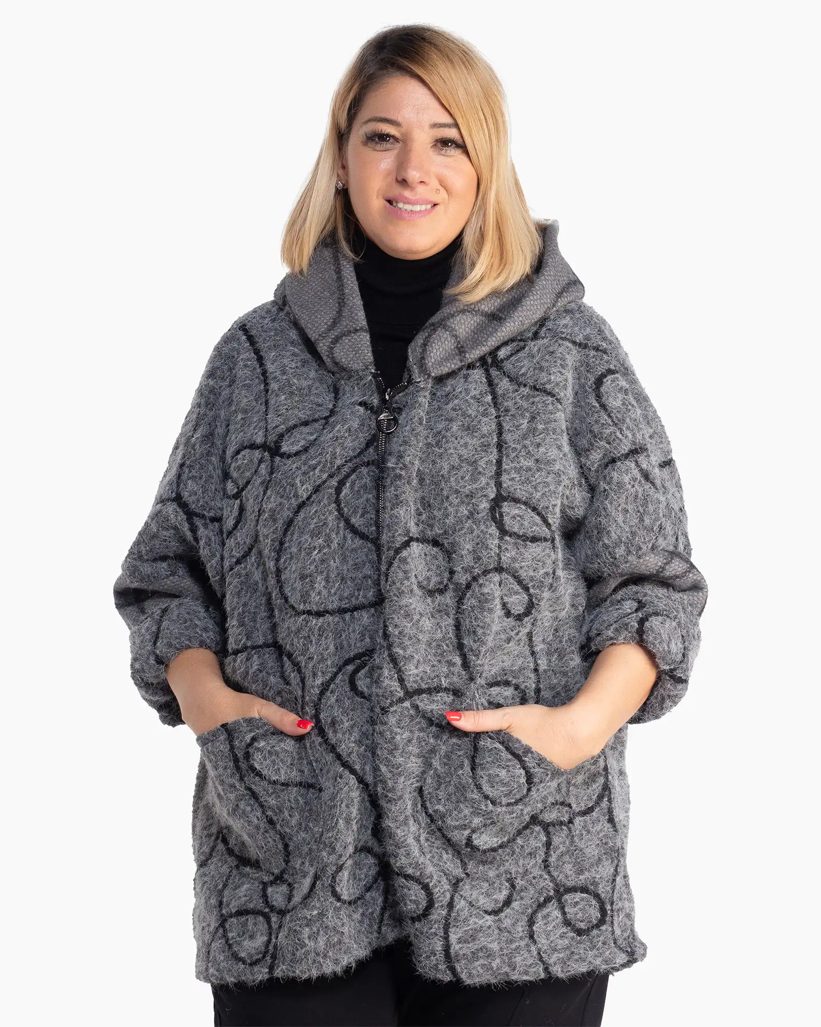 Jachetă casual oversize gri cu imprimeu artistic și glugă [3]