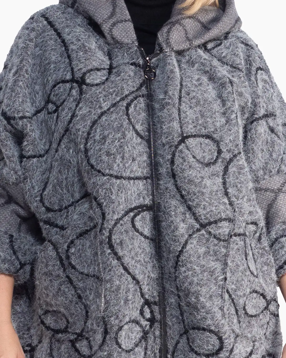 Jachetă casual oversize gri cu imprimeu artistic și glugă [4]