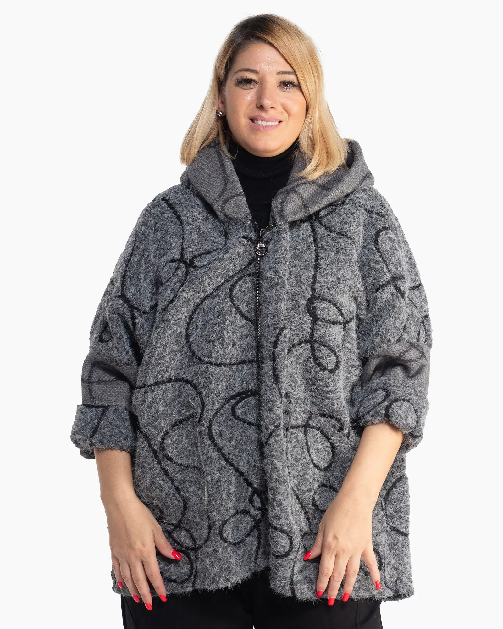 Produse noi - Jachetă casual oversize gri cu imprimeu artistic și glugă