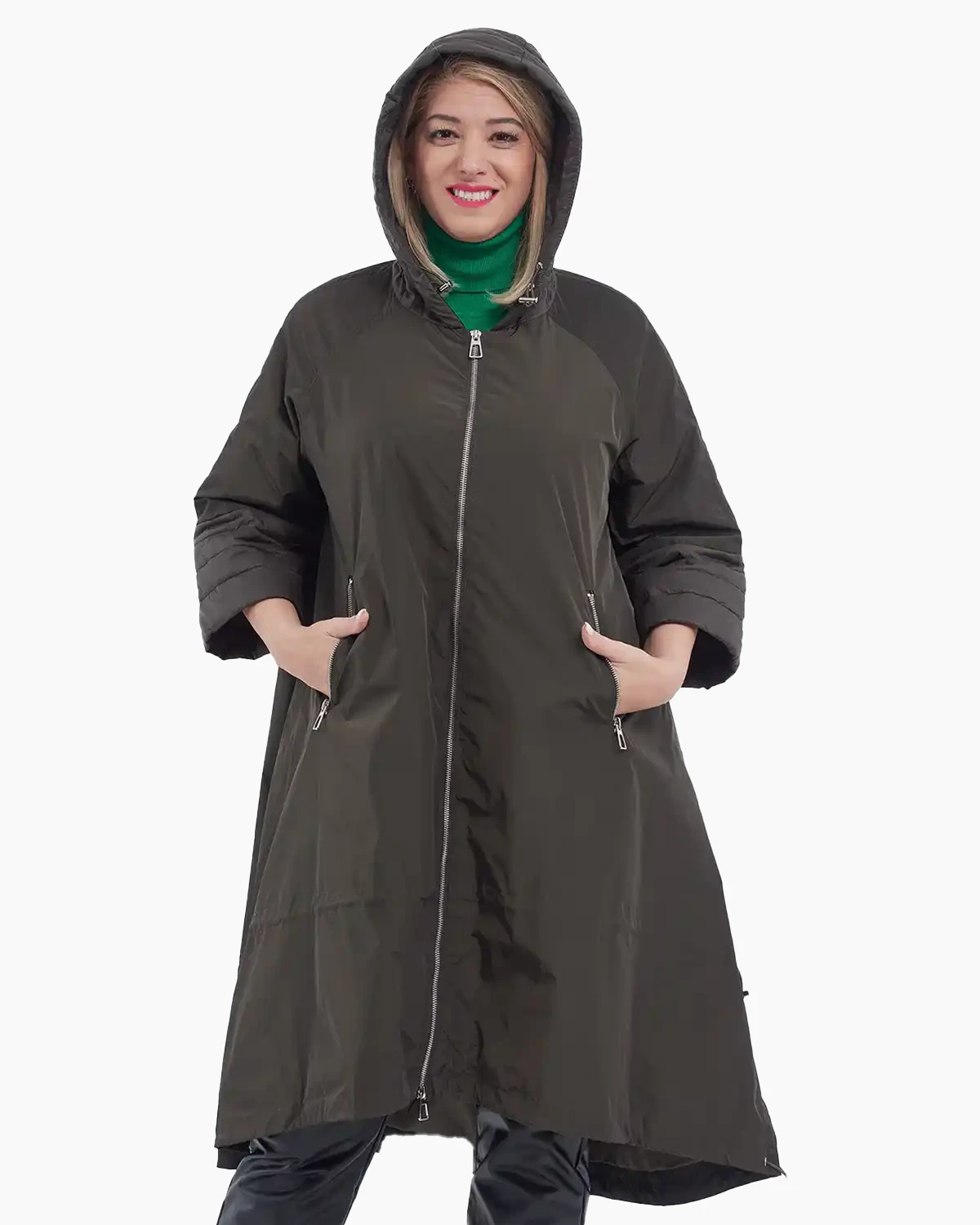 Jachete Casual - Jachetă chic lungă cu glugă și aspect matlasat la mâneci kaki
