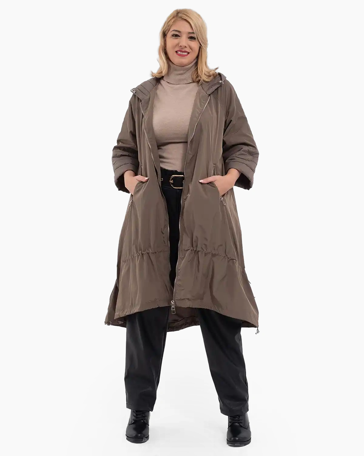Jachete Casual - Jachetă chic lungă cu glugă și aspect matlasat la mâneci, maro deschis