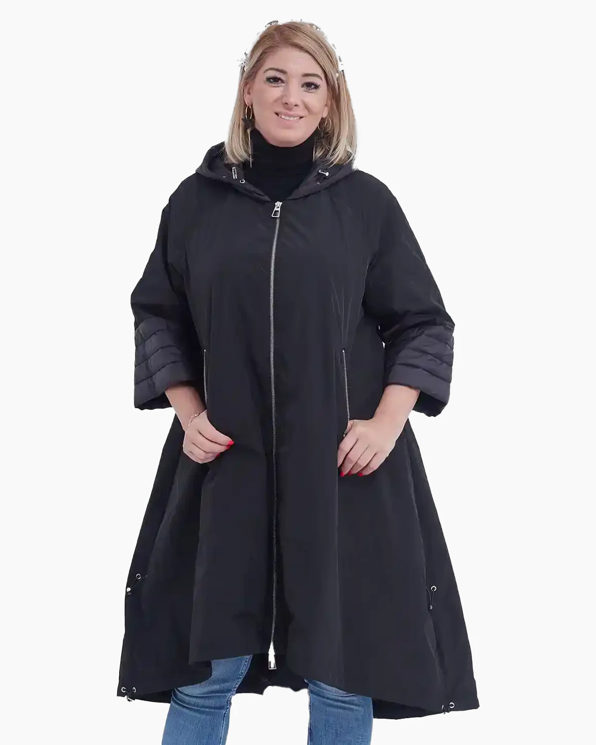 Jachete Casual - Jachetă chic lungă cu glugă și aspect matlasat la mâneci neagră
