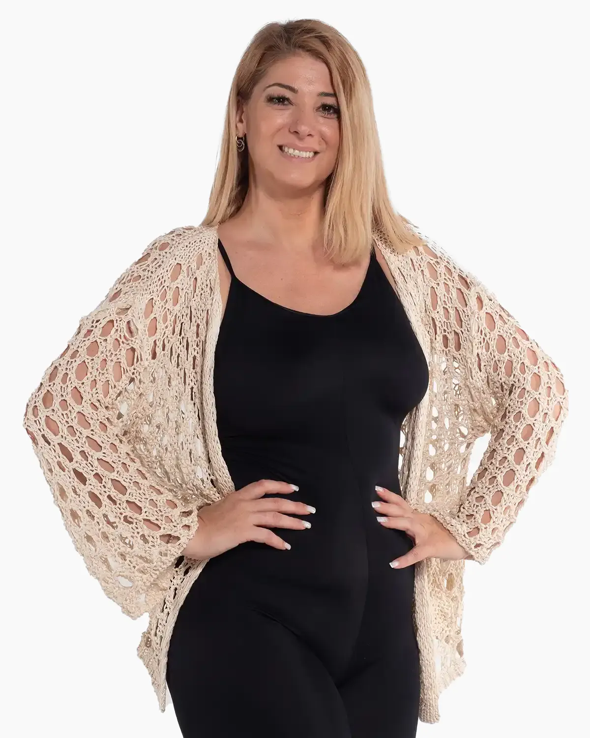 Mărimi mari - Jachetă crem boemă cu croială amplă și mâneci batwing