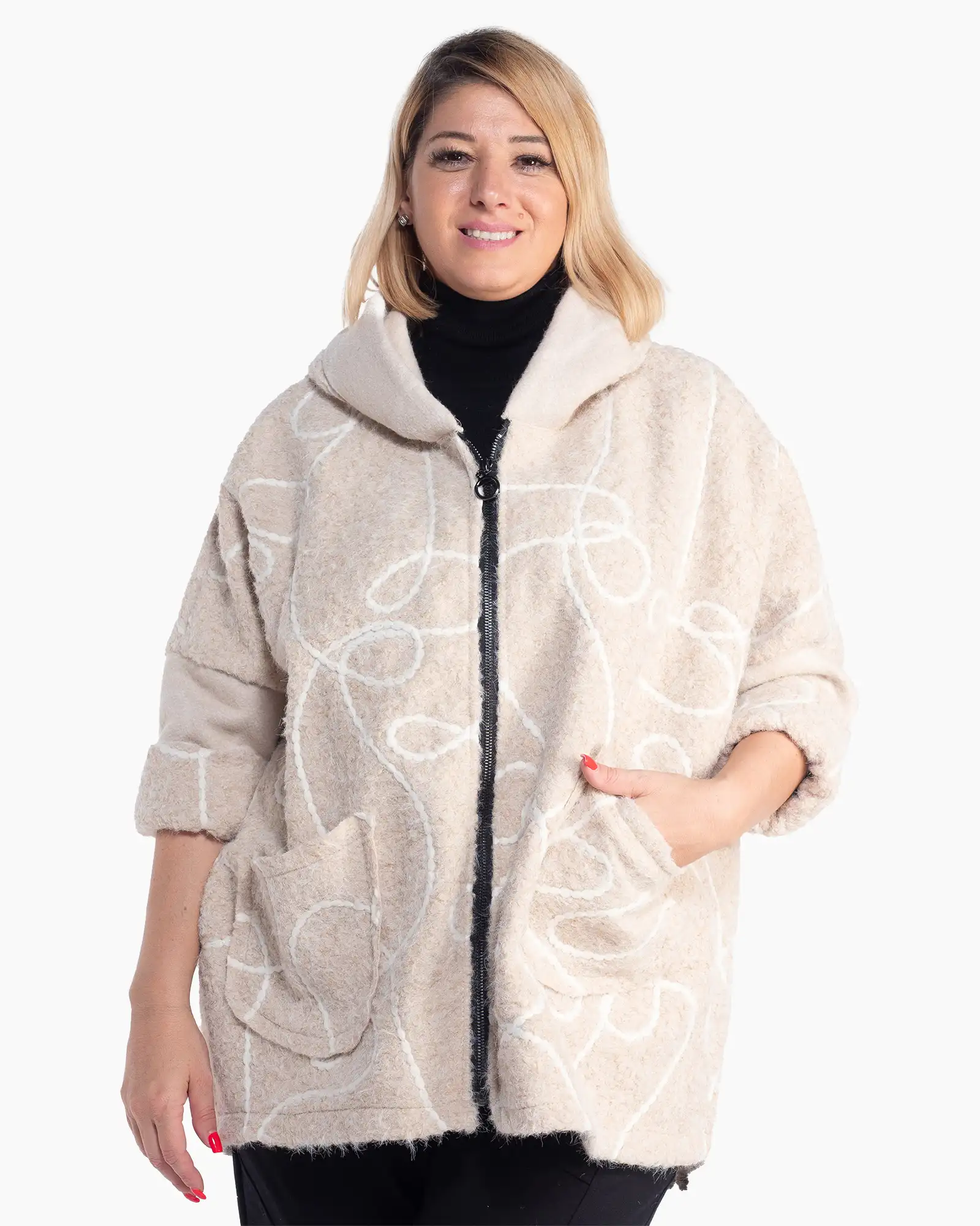 Produse noi - Jachetă crem oversize cu imprimeu artistic și croială fluidă
