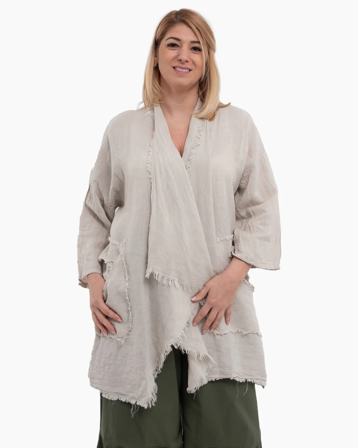 Jachete Casual - Jacheta crem oversized din in, asimetrica cu margini franjurate