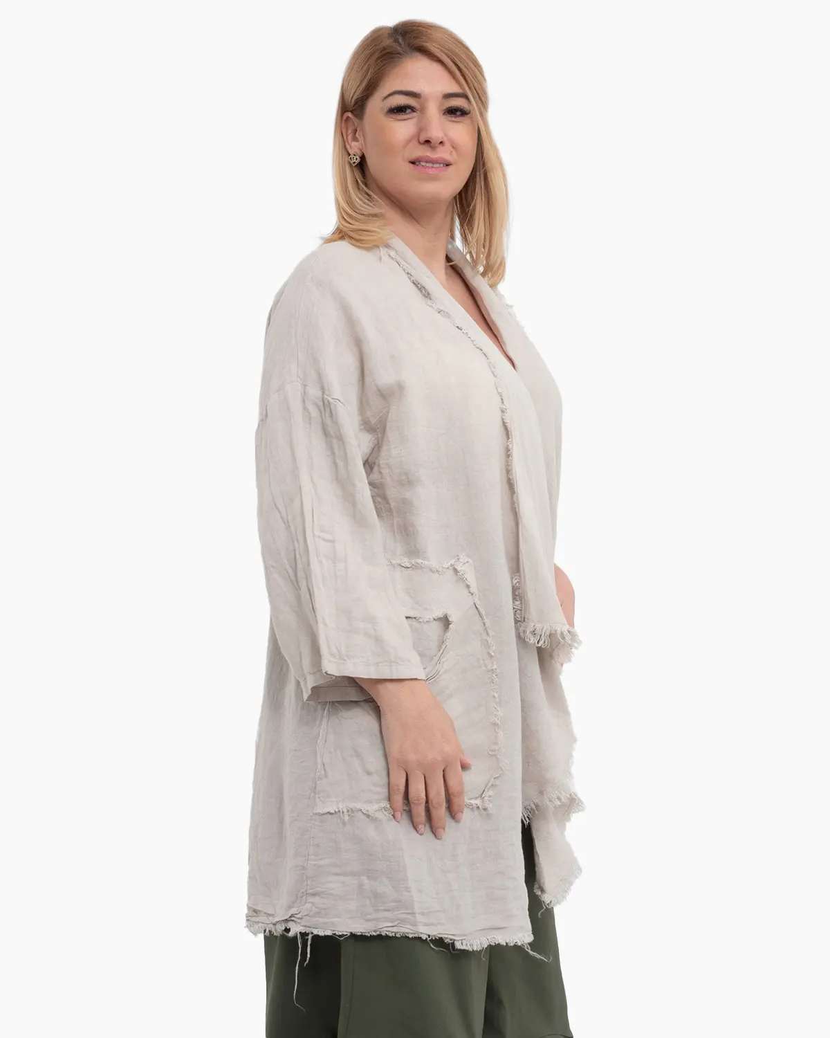 Jacheta crem oversized din in, asimetrica cu margini franjurate [2]