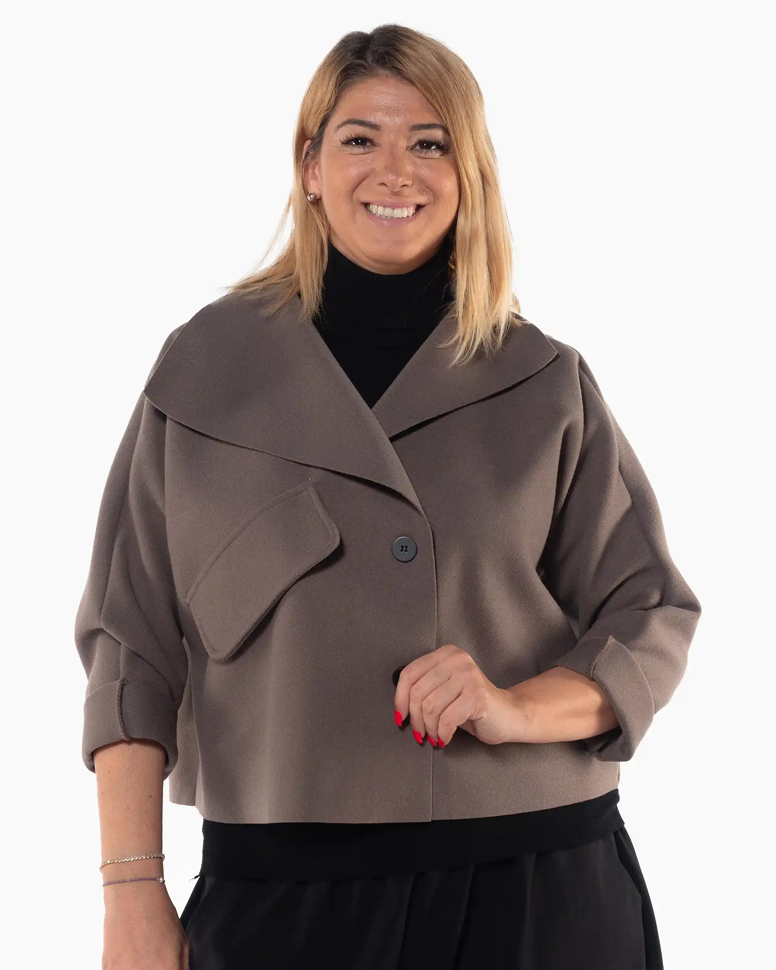 Produse noi - Jachetă elegantă bej-fango cu guler șal și croială amplă