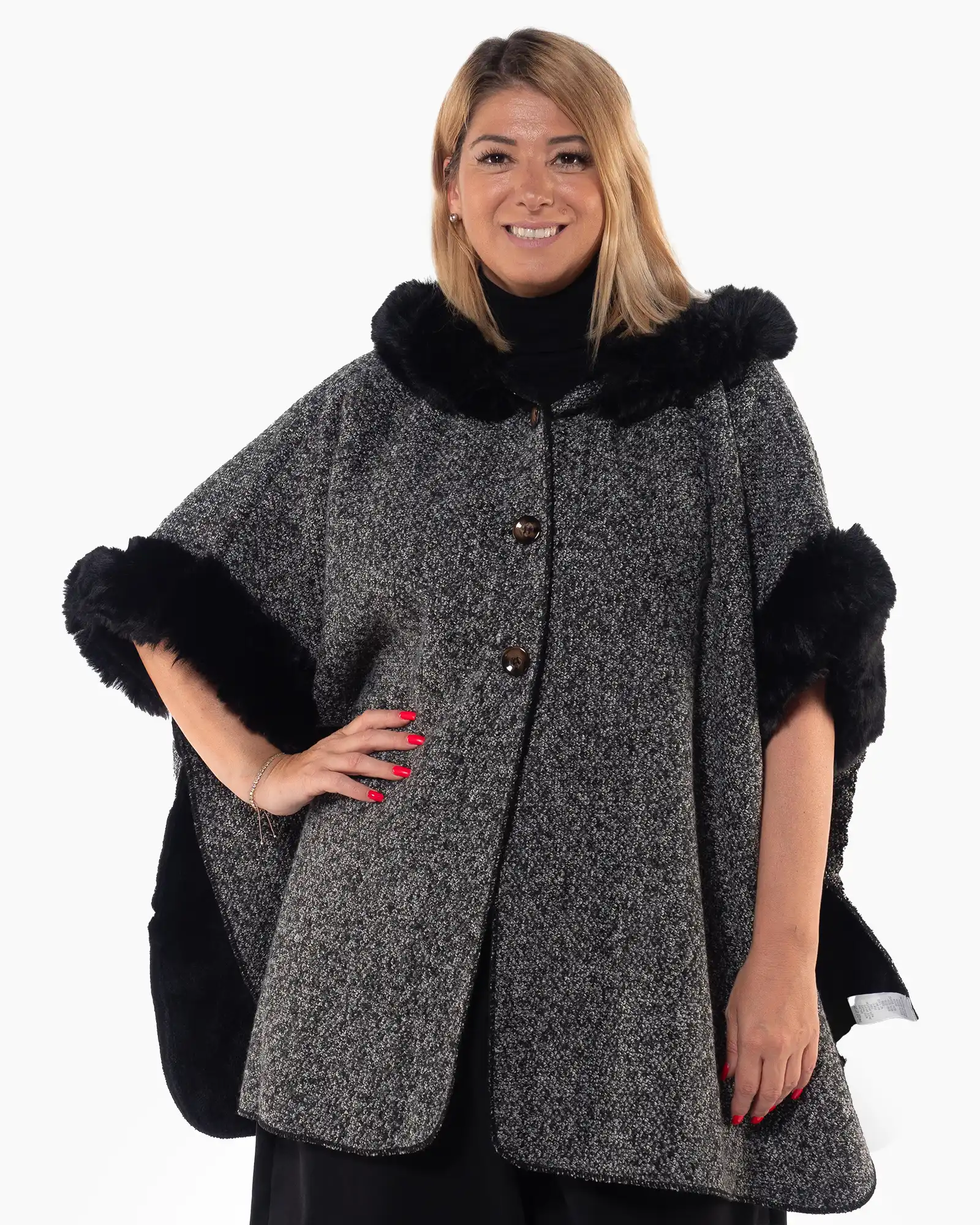 Produse noi - Jachetă elegantă gri tip poncho cu design amplu și blană decorativă