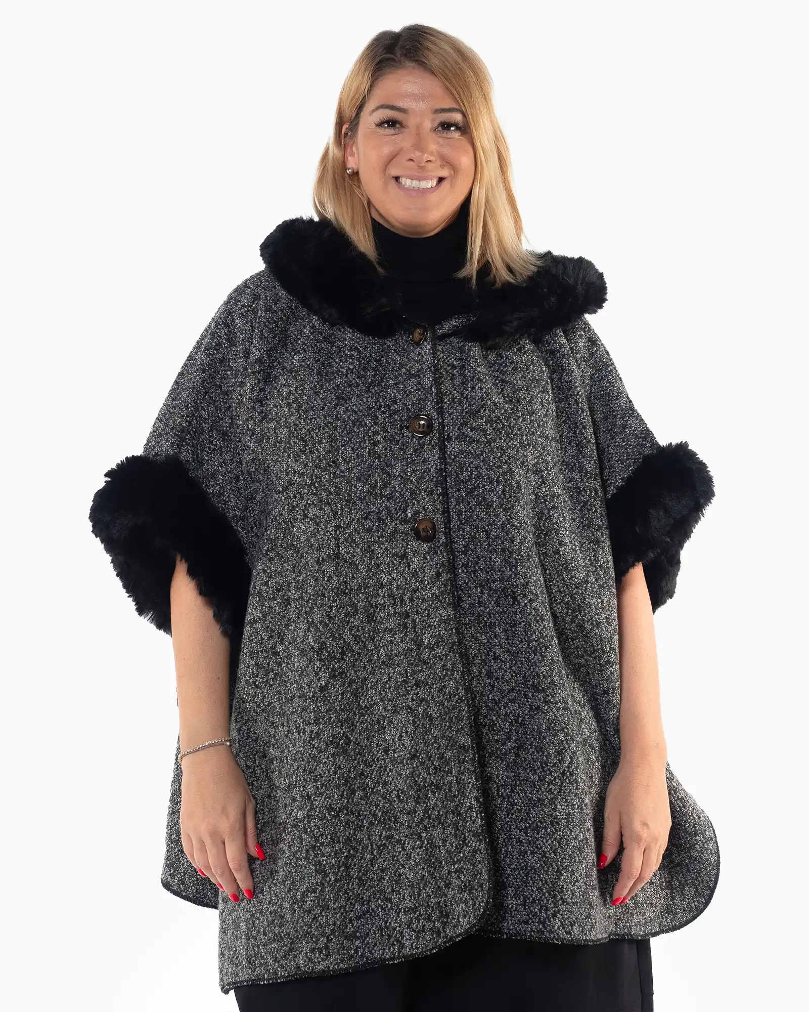 Jachetă elegantă gri tip poncho cu design amplu și blană decorativă [3]