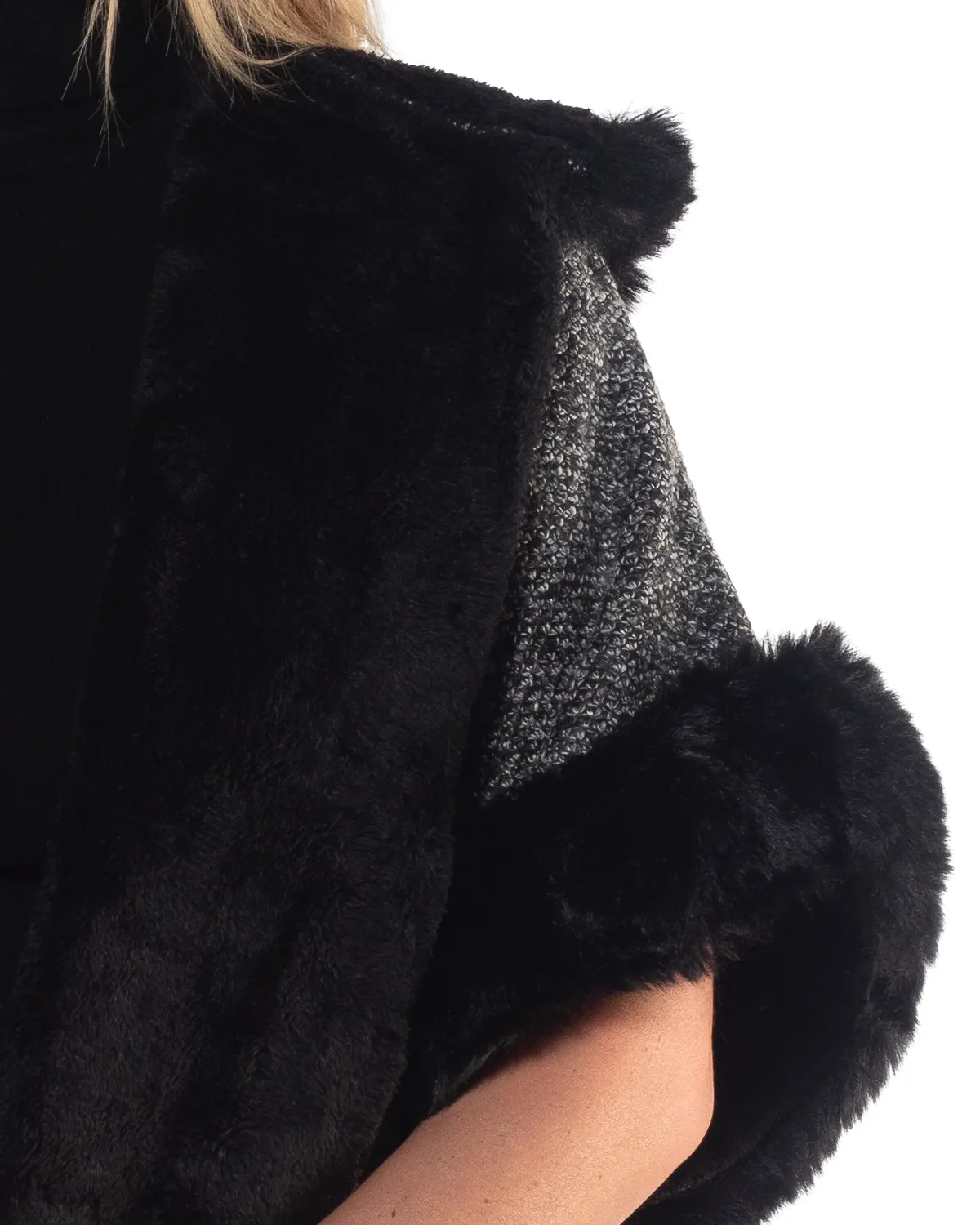 Jachetă elegantă gri tip poncho cu design amplu și blană decorativă [4]