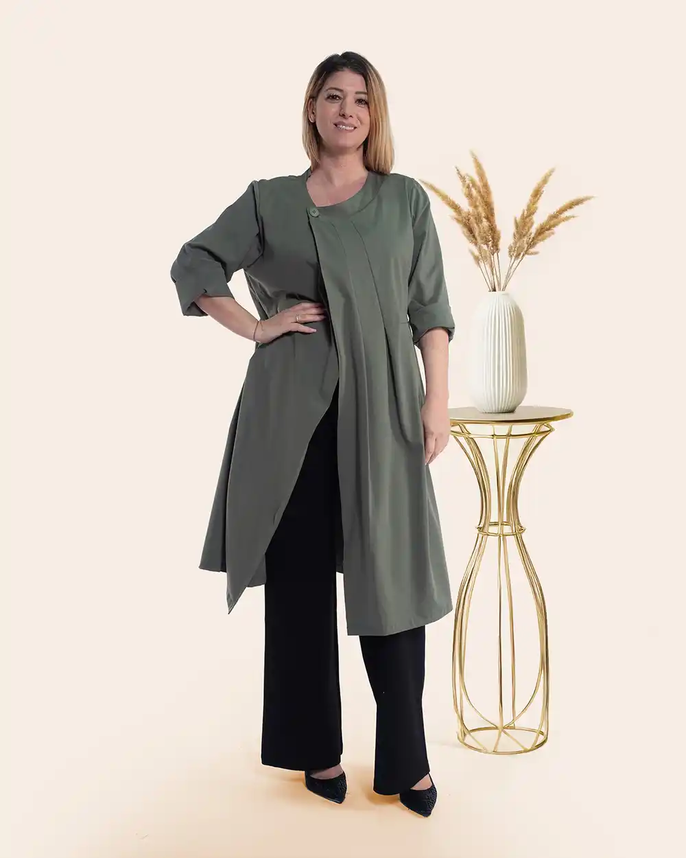 Îmbrăcăminte Damă - Jachetă elegantă kaki din bumbac stil palton design petrecut