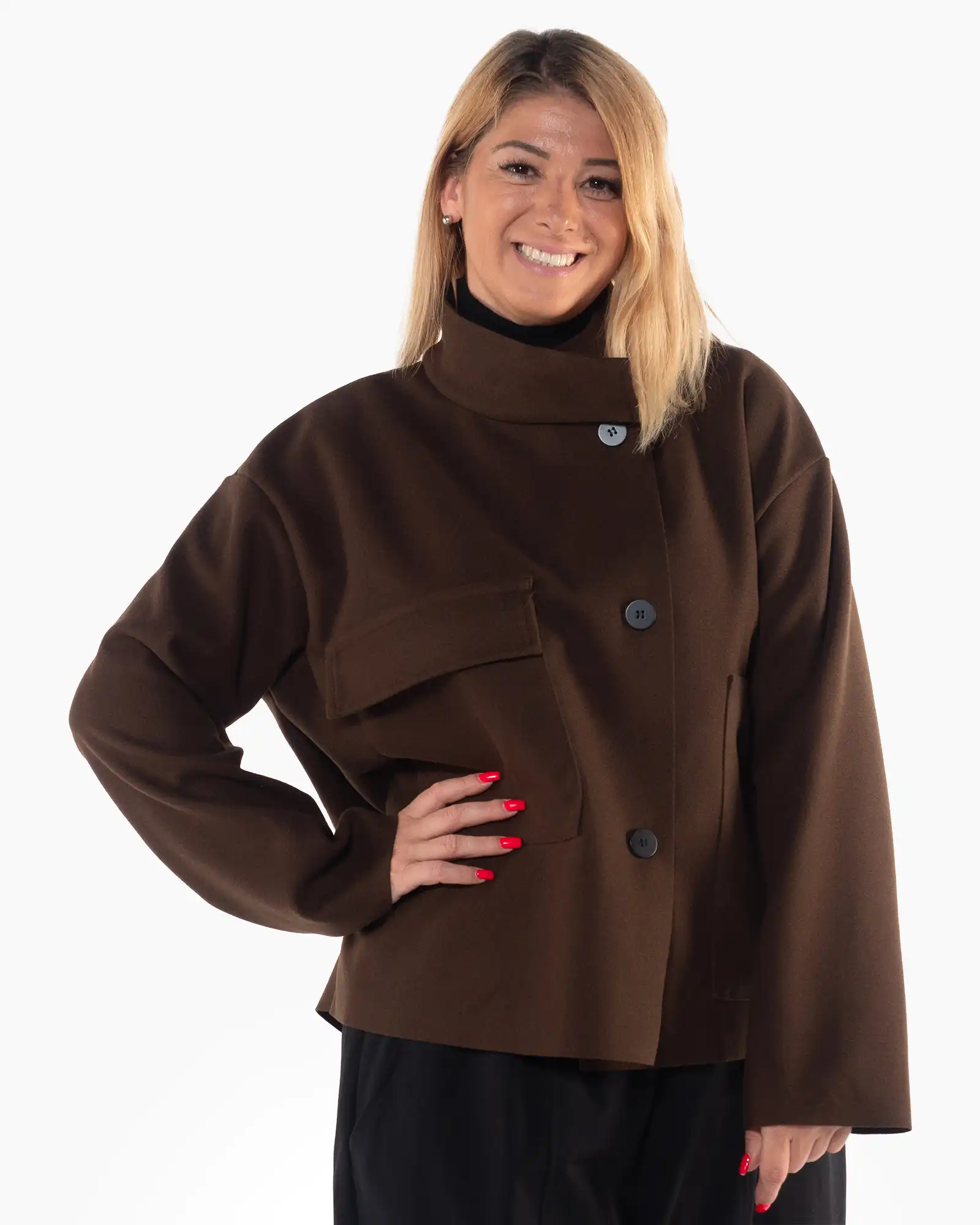 Produse noi - Jachetă elegantă maro cu croială lejeră și mâneci dolman