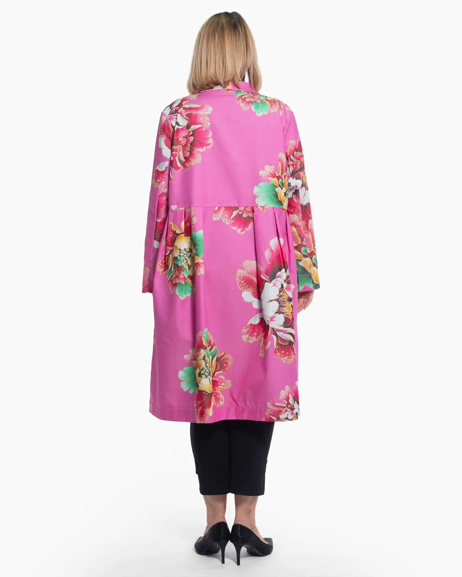 Jachetă fucsia lungă stil palton, cu linie fluidă și imprimeu artistic boho [1]
