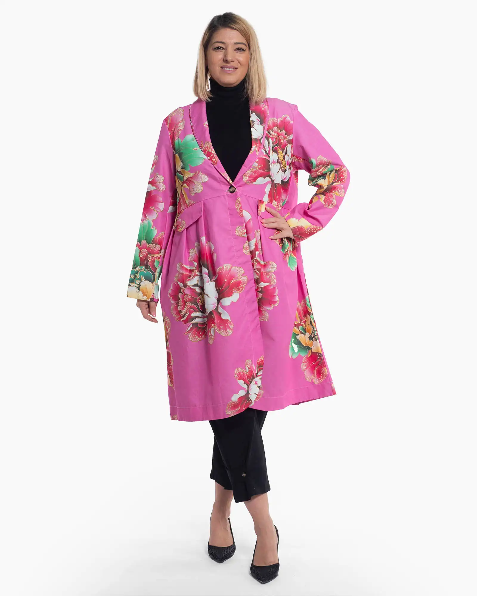 Jachete - Jachetă fucsia lungă stil palton, cu linie fluidă și imprimeu artistic boho