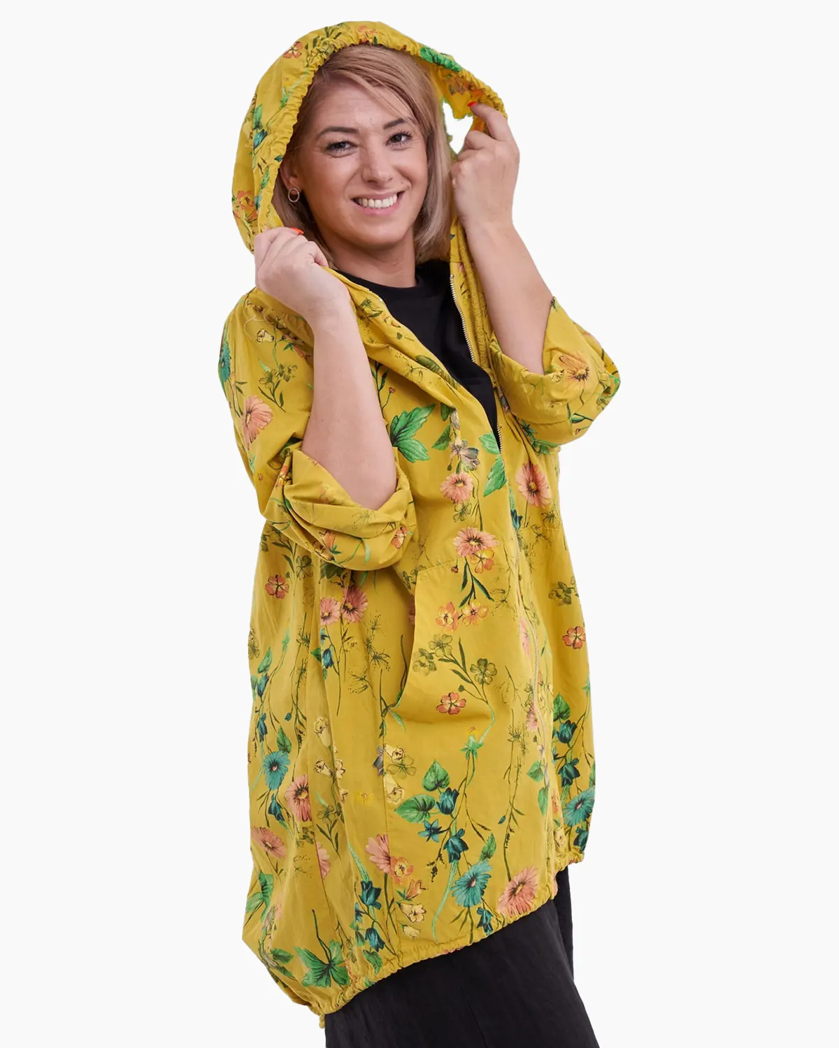 Jacheta galbena cu gluga si imprimeu floral [1]