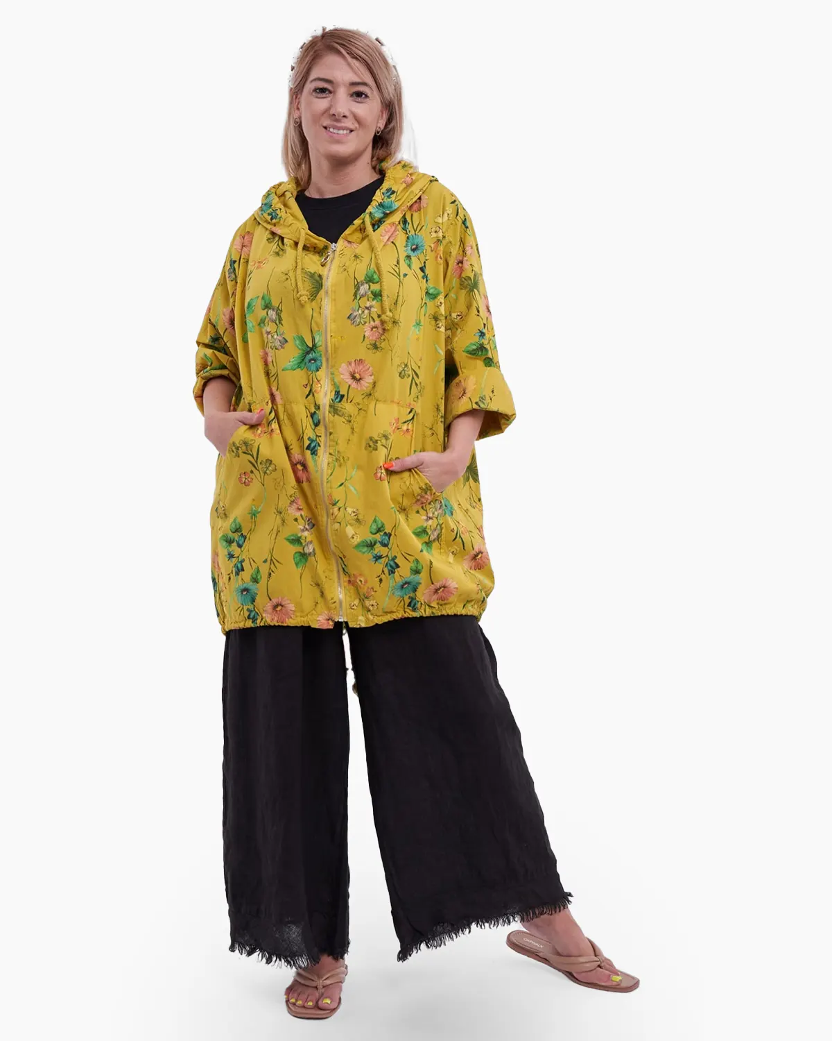 Jachete Casual - Jacheta galbena cu gluga si imprimeu floral
