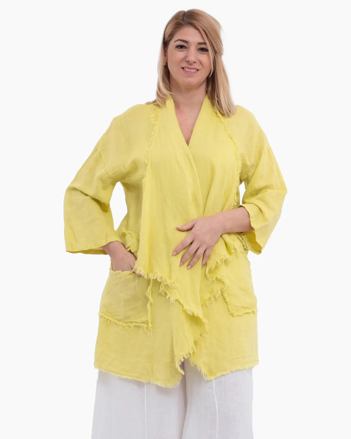 Jachete Casual - Jacheta galbena oversized din in, asimetrica cu margini franjurate