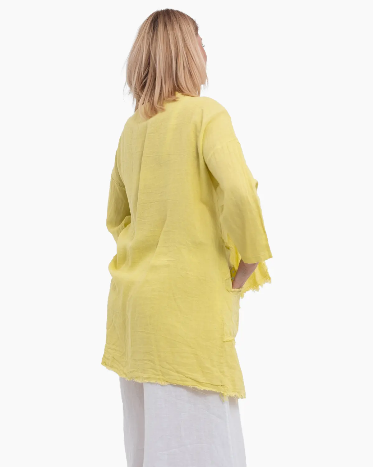 Jacheta galbena oversized din in, asimetrica cu margini franjurate [3]