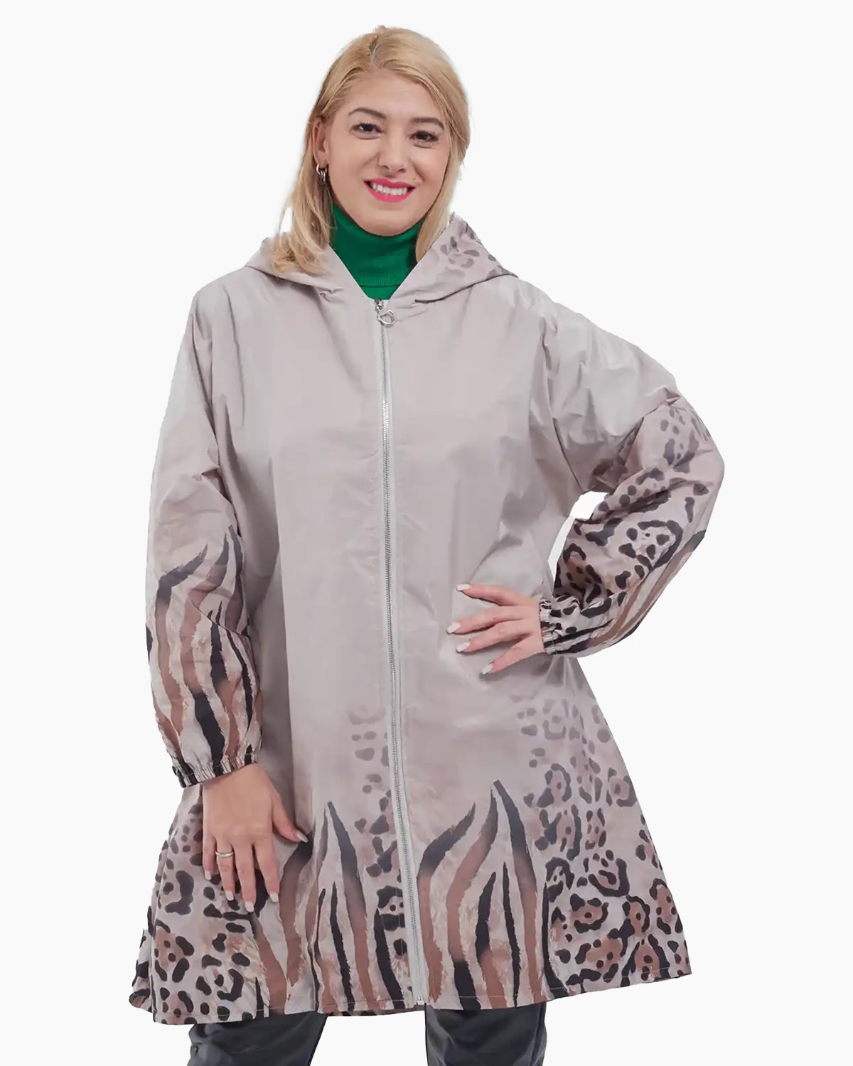 Jachete Casual - Jachetă impermeabilă cu glugă și imprimeu abstract, mărime mare, bej