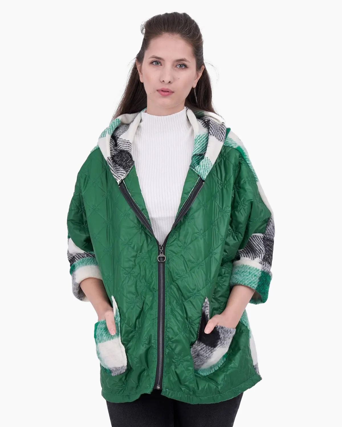 Jachete Casual - Jacheta imprimeu carou si matlasat, fond verde,cu croi larg si gluga