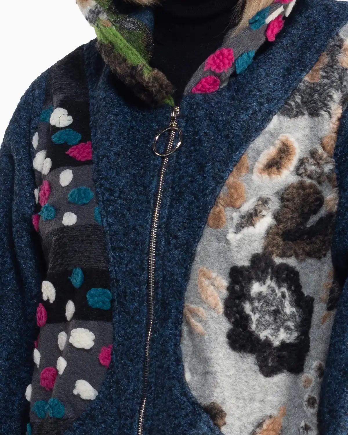 Jachetă lejeră albastră din lână buclată în stil patchwork artistic [4]