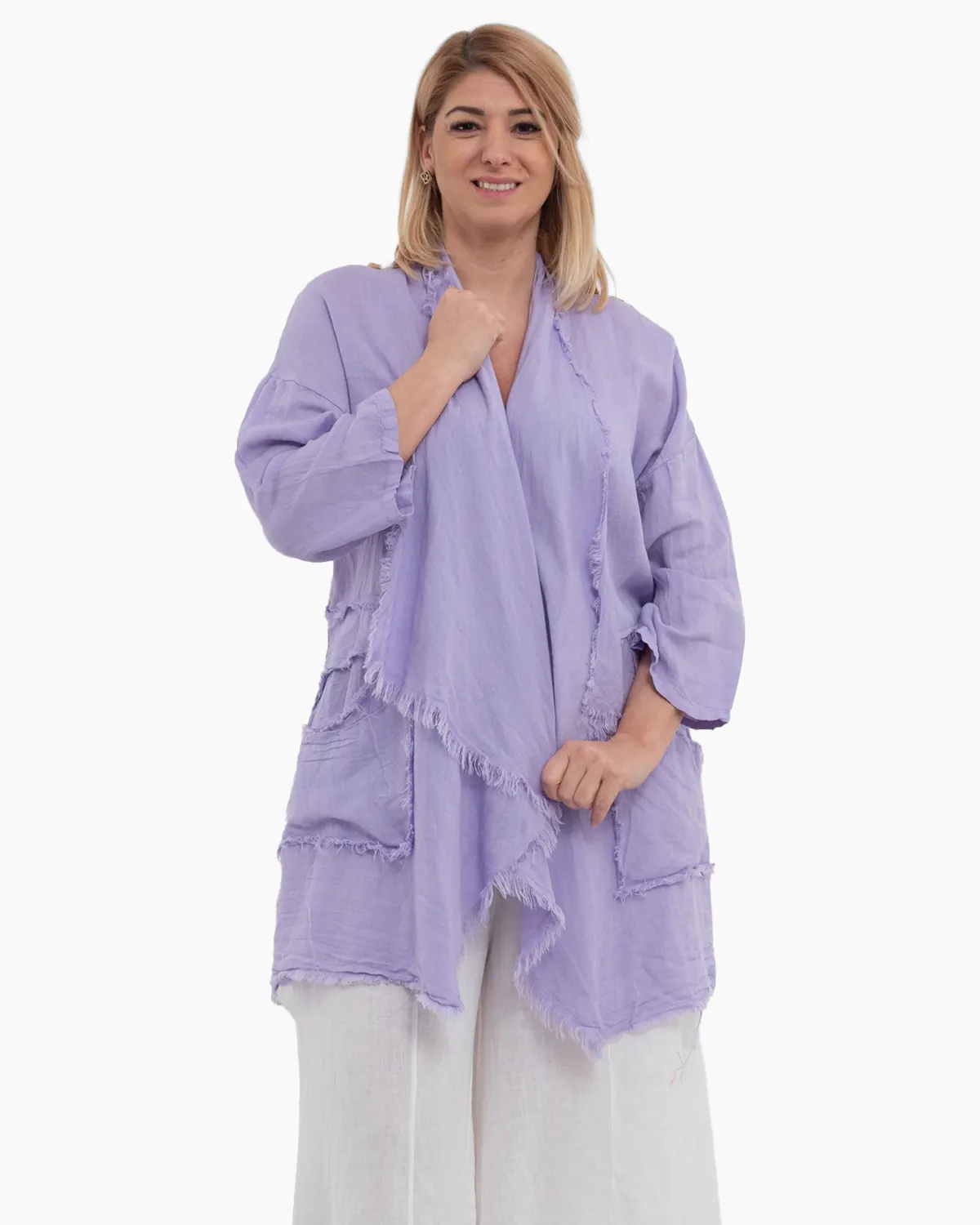 Jachete Casual - Jacheta lila oversized din in, asimetrica cu margini franjurate