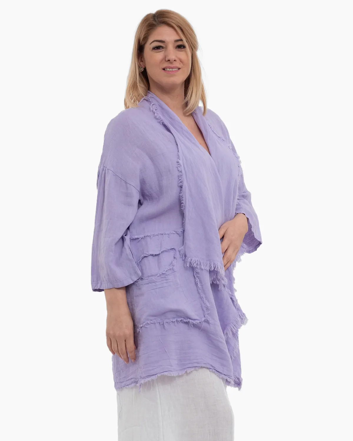 Jacheta lila oversized din in, asimetrica cu margini franjurate [1]