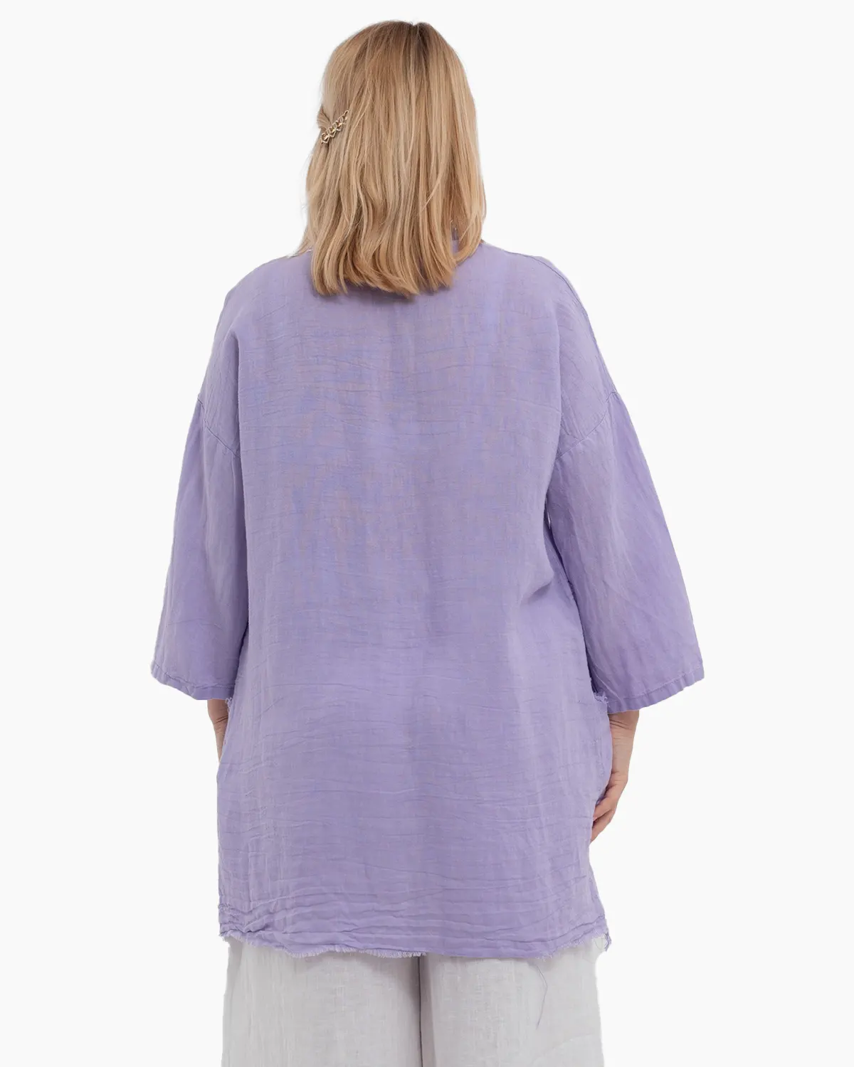 Jacheta lila oversized din in, asimetrica cu margini franjurate [2]