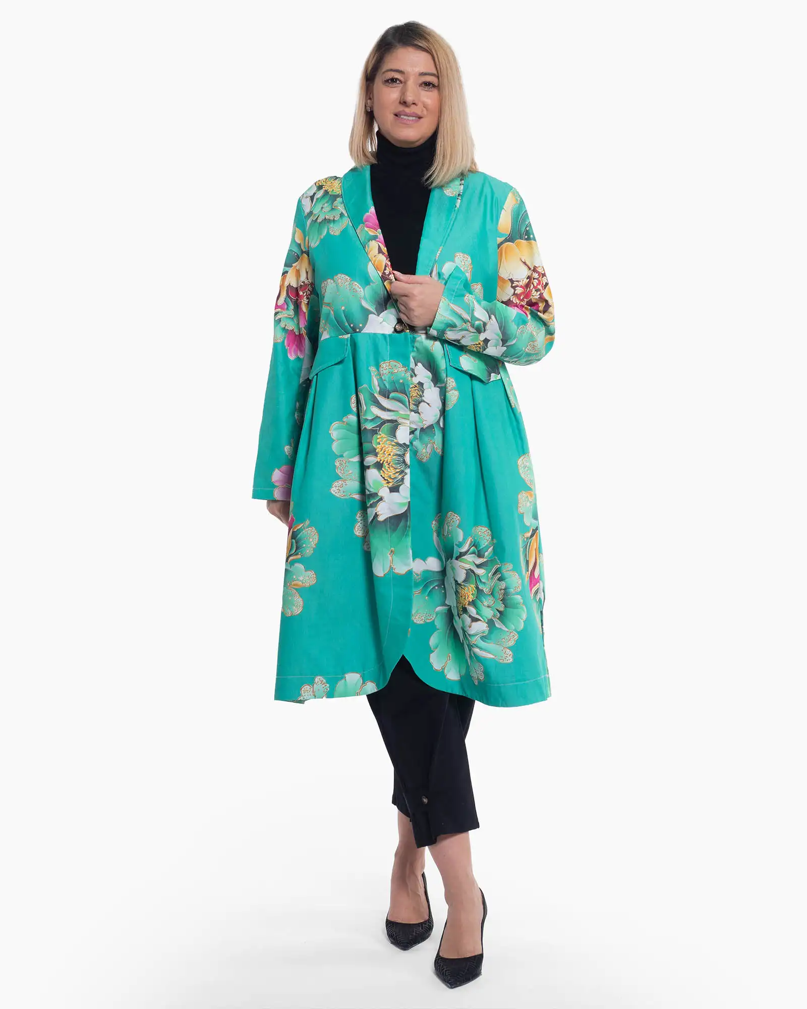 Jachete Casual - Jachetă lungă turcoaz cu linie fluidă și imprimeu artistic boho