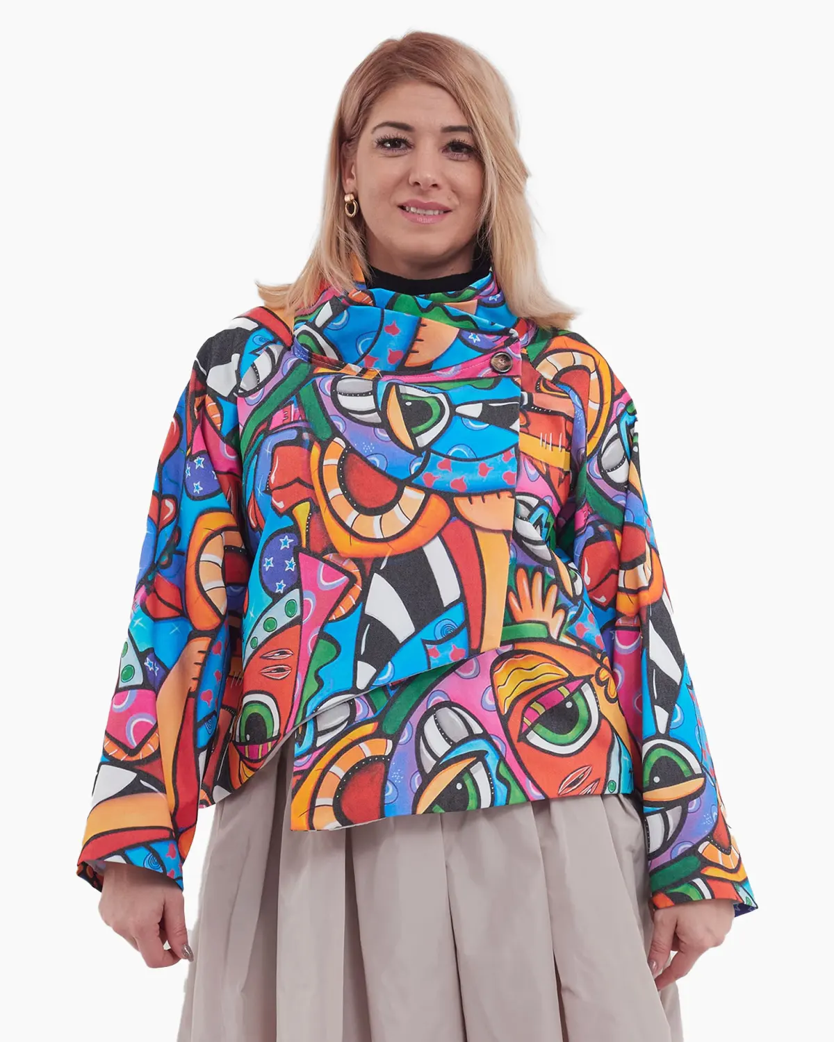 Jachete Casual - Jacheta moderna albastra cu imprimeu tip Picasso