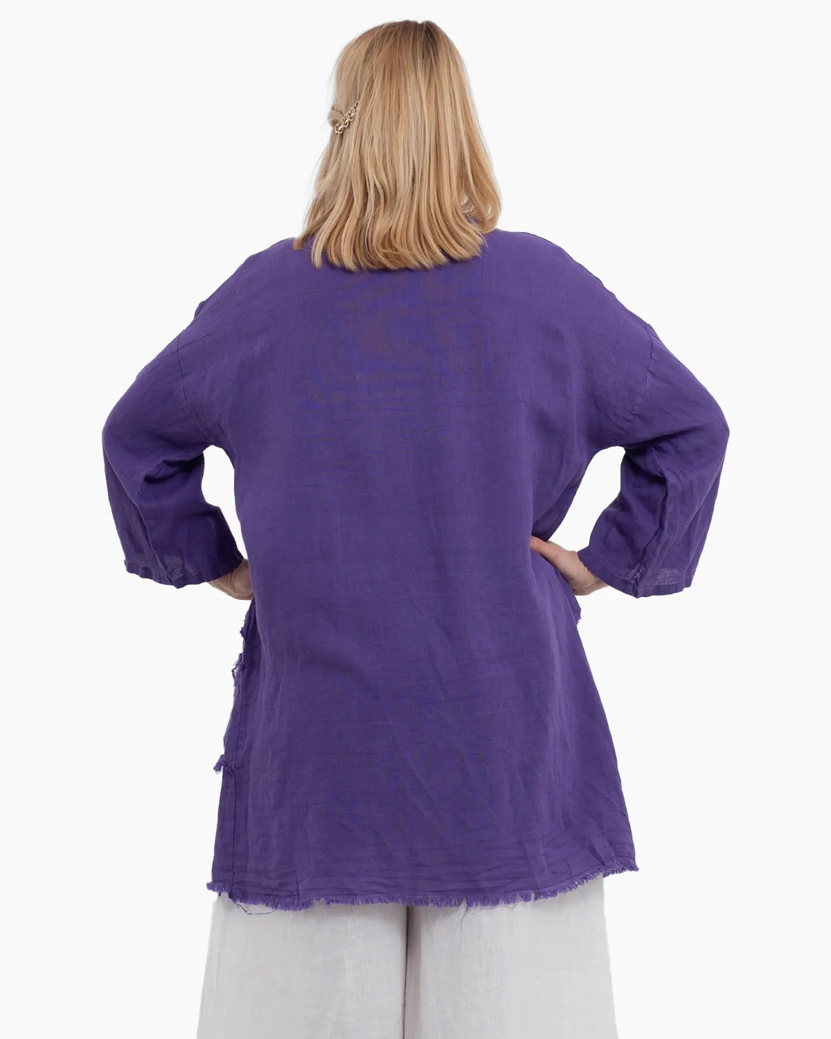 Jacheta mov oversized din in, asimetrica cu margini franjurate [2]